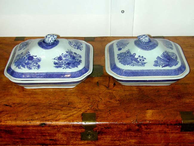 A Near Pair of Large Chinese Export Porcelain Blue "Fitzhugh" Covered Vegetable Dishes circa 1800