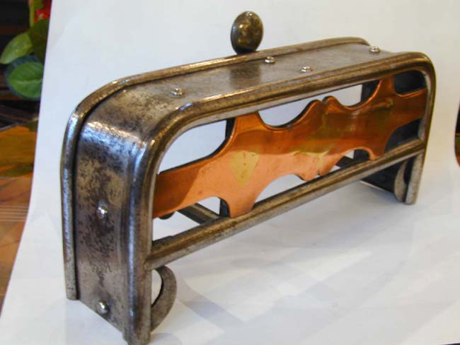 A Miniature 19th Century Polished Steel Fireplace Trivet With Inlaid Brass and Copper Decoration — image 2
