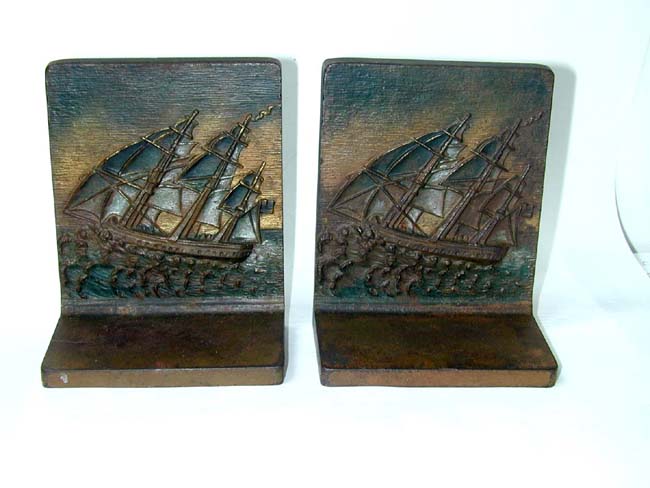 A Pair of BRADLEY & HUBBARD Antique Bookends depicting an American Frigate, Possibly 'Old Ironsides', circa 1900