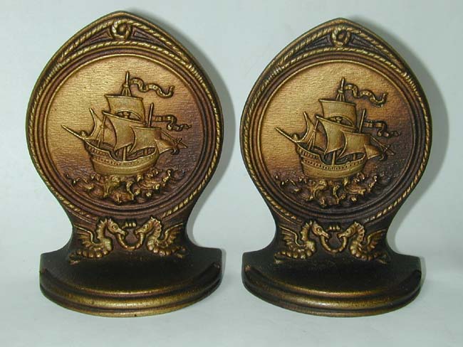 A Pair of BRADLEY & HUBBARD Bronze Bookends Depicting a 16th Century Galleon, circa 1920