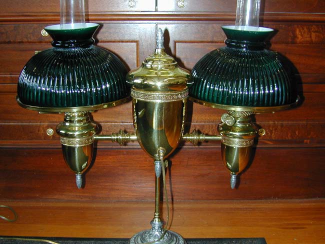 An Antique American Brass Double Student Lamp in the 'Greek Key" Style Circa 1880, now electrified.