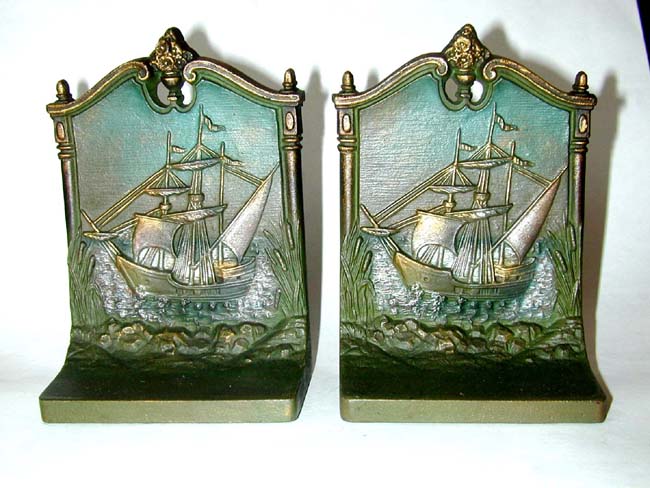 A Pair of BRADLEY & HUBBARD Antique Bookends Depicting The 'Mayflower' at Plymouth Harbor, circa 1910