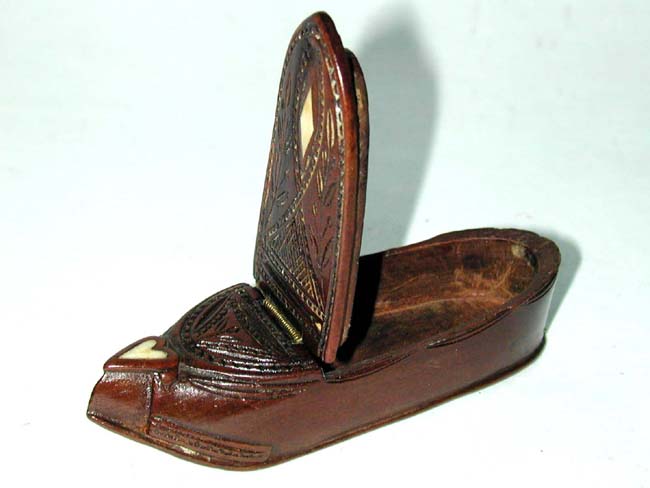 A Charming English Victorian Treen Shoe Form Carved and Inlaid Tobacco/Snuff Box