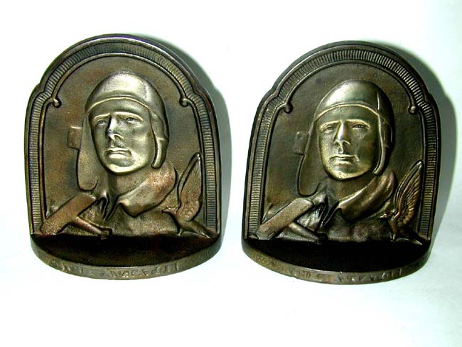 A Pair of CHARLES A. LINDBERGH, The 'Aviator,' Bronze Antique Bookends Circa 1929