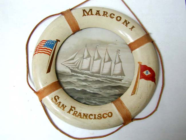 A Rare Souvenir Life Ring with Print of the four Masted Schooner "MARCONI" of San Francisco ca. 1902