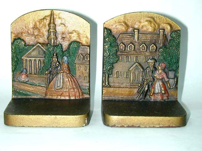 A Pair of BRADLEY & HUBBARD 'Colonial Town' Antique Bookends circa 1920