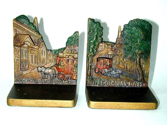 A Pair of BRADLEY & HUBBARD "Colonial Stage Coach" Painted Bronze Antique Bookends circa 1910