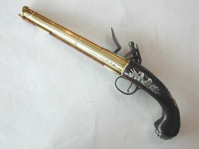 A Fine English Brass  Barreled Silver Mounted Flintlock Officer's Pistol by William Brander c. 1760 — image 2
