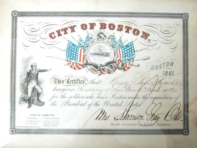 A Civil War Certificate Issued By the City of Boston in 1861 and signed by Mrs. Harrison Gray Otis