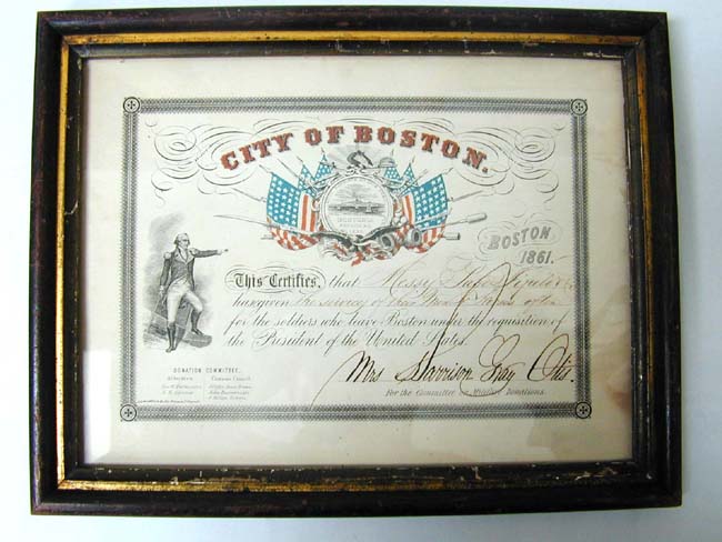 A Civil War Certificate Issued By the City of Boston in 1861 and signed by Mrs. Harrison Gray Otis — image 2