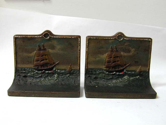 A Pair of BRADLEY & HUBBARD Hand Painted Ship Bookends With Original Paper Labels circa 1910