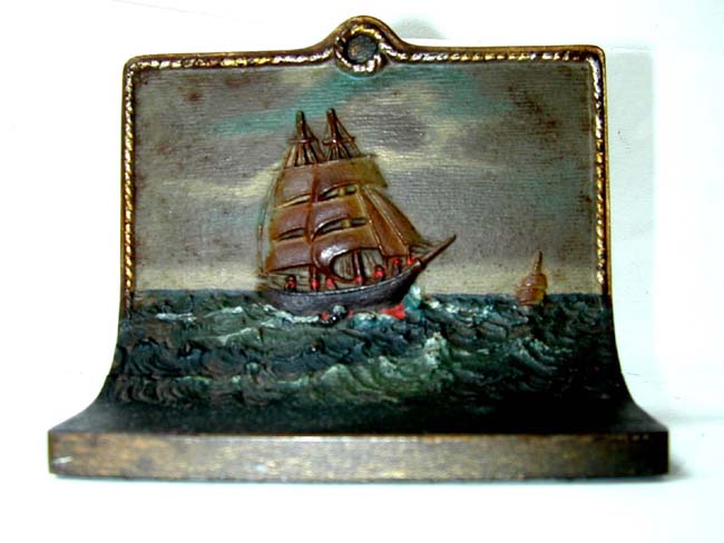 A Pair of BRADLEY & HUBBARD Hand Painted Ship Bookends With Original Paper Labels circa 1910 — image 2