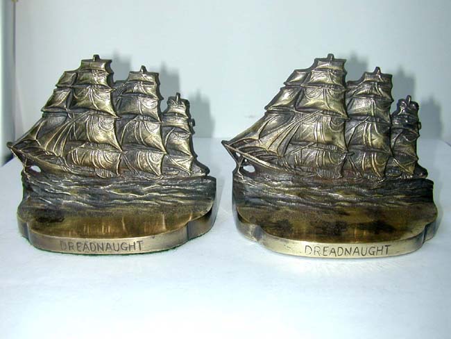 A Pair of BRADLEY & HUBBARD Antique Bookends Depicting the Ship "Dreadnaught"