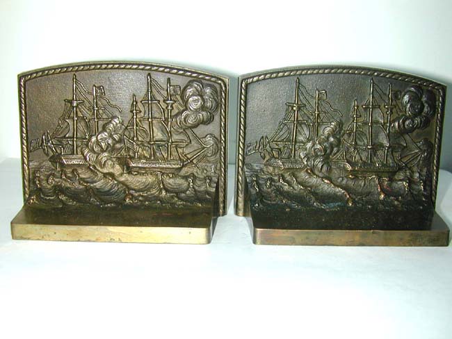 A Rare Pair of BRADLEY & HUBBARD War of 1812 Naval Battle Antique Bronze Bookends