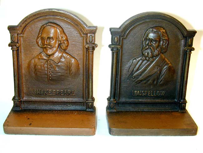 A Pair of Antique Bookends by BRADLEY & HUBBARD Featuring Shakespeare and Longfellow circa 1910