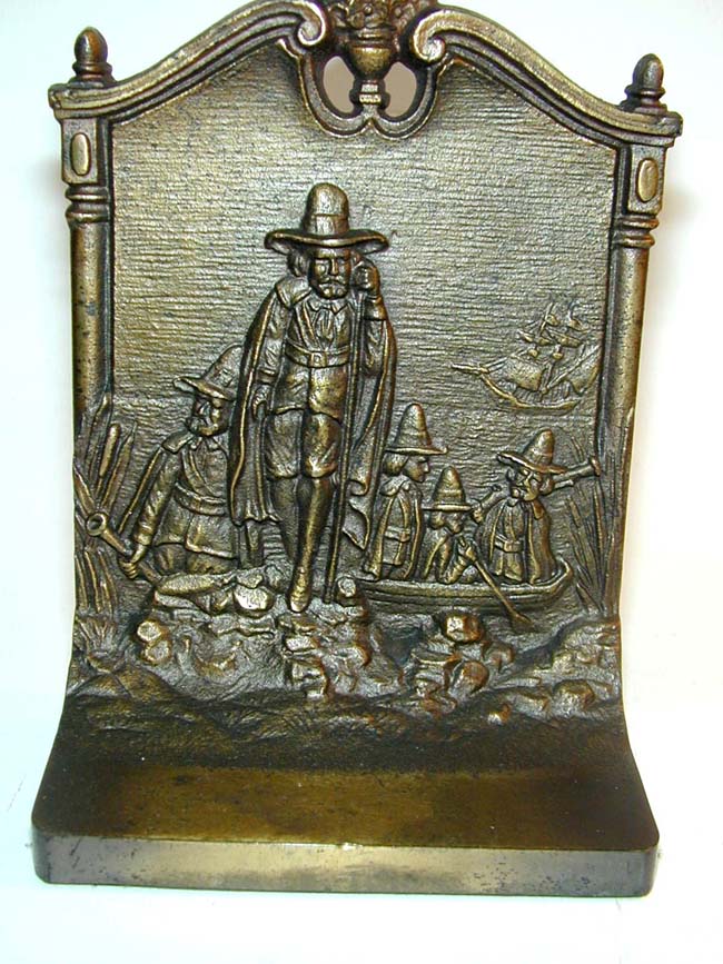 A Fine and Rare Pair of Antique Bookends by BRADLEY & HUBBARD Depicting "The Mayflower" and the Pilgrims Landing at Plymouth. — image 2