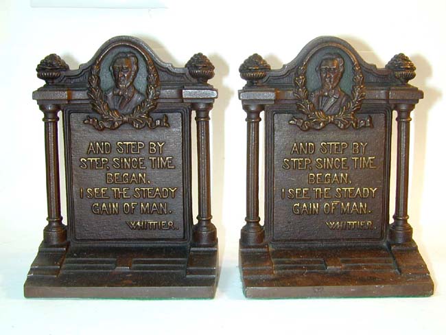 A Pair of Antique bookends by BRADLEY & HUBBARD Memorializing JOHN GREENLEAF WHITTIER (1807-1892)