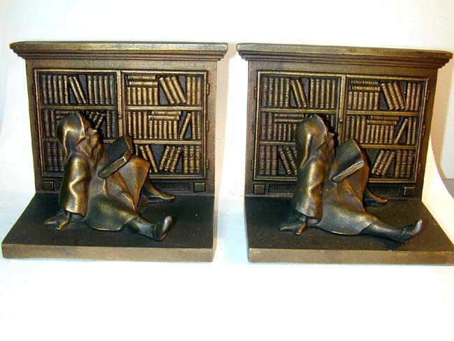 A Pair of BRADLEY & HUBBARD Antique Bookends Featuring a GNOME in a Library circa 1924
