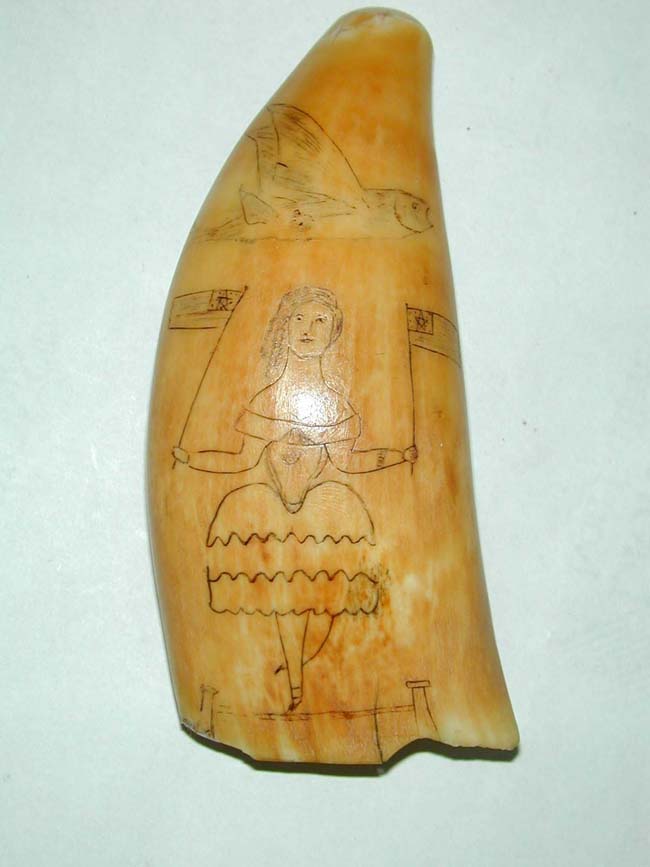 A Charming 19th Century American Scrimshawed Whale's Tooth depicting a whaling scene circa 1860. — image 2