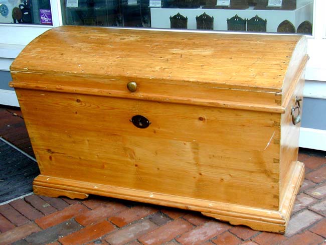 A Fine Dome Top American Dovetail Pine Trunk With Original hardware circa 1850