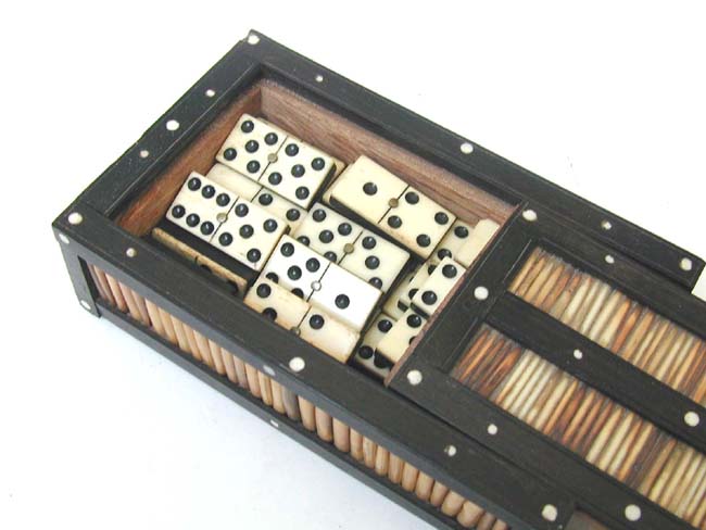 A fine set of 19th century Bone and Ebony Dominoes in a Rare Ebony and Porcupine Quill Box circa 1870. — image 2