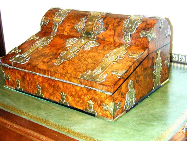 A Fine Victorian Brass Mounted Burr Walnut Writing Slope circa 1850