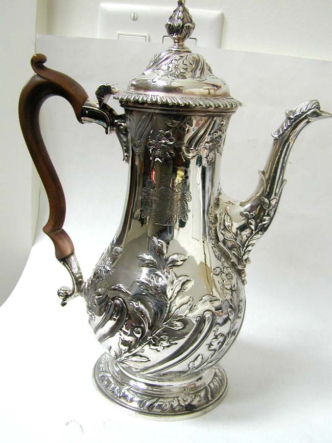 A Magnifiscent George II Sterling Silver Coffee Pot by Benjamin Godfrey, London 1759