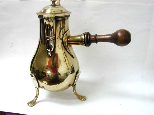 A Beautiful 18th century French Brass Chocolate Pot with Turned Fruitwood Handle circa 1760