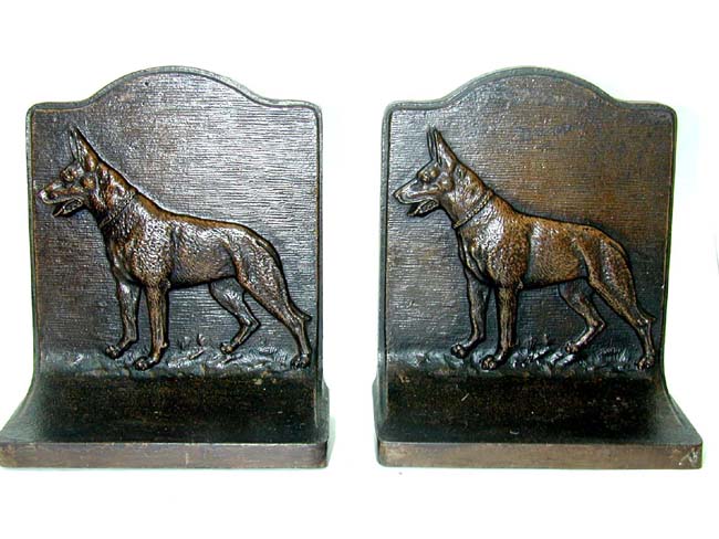 A Pair of Antique Bookends in the form of a German Shepard by Bradley & Hubbard circa 1920