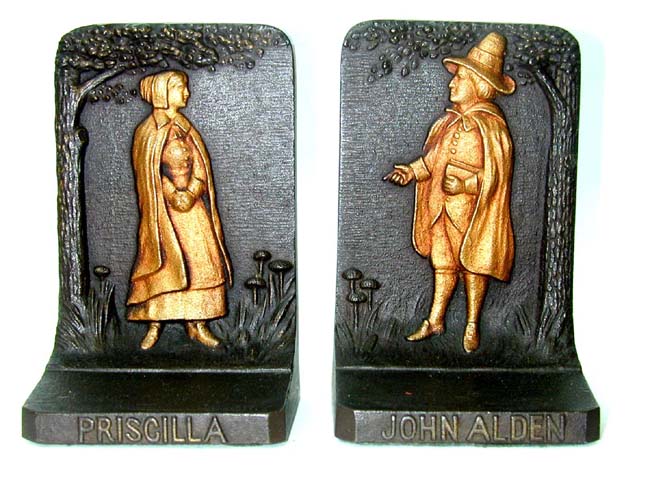 A Fine Pair of Pilgrims "JOHN ALDEN & PRISCILLA" Antique Bookends by Bradley & Hubbard circa 1910