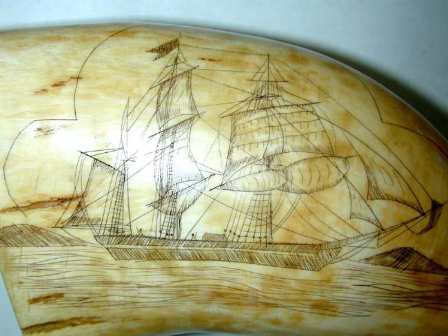 A Fine and large 19th Century American Scrimshawed Whale's Tooth with both sides depicting a whaling ship circa 1850 — image 4