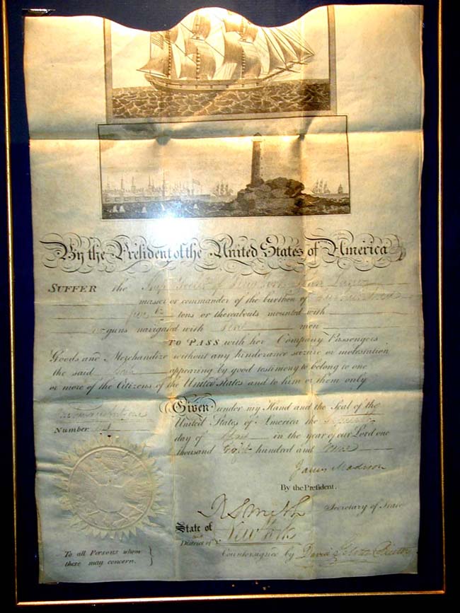 A Fine Early 19th Century American Ships' Meditteranean Passport Signed by President JAMES MADISON May 16, 1809