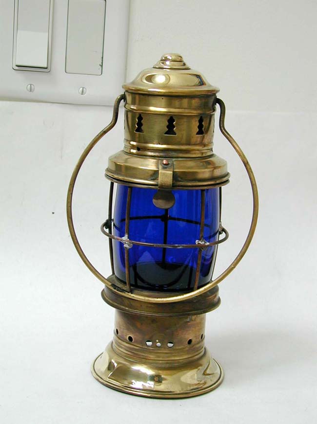 A Late 19th Century Hand Held Ships Lantern with Blue Lens