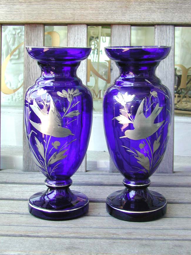 A Pair of Late 19th Century Silver Overlay Cobalt Blue Vases