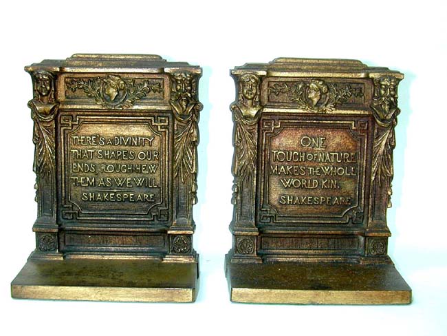 A Pair of Bradley & Hubbard Antique Bookends with Quotations from Shakespeare Circa 1910