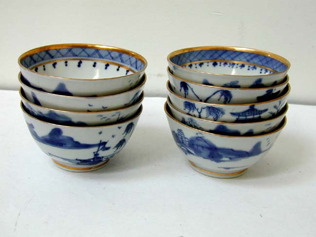 A Set of Nine Chinese Export Porcelain Tea Bowls with Gilt Highlights circa 1830