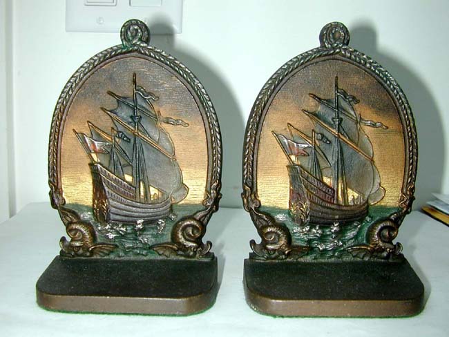 A Pair of Bradley & Hubbard Antique Bookends circa 1910 Depicting a 16th century Spanish Galleon