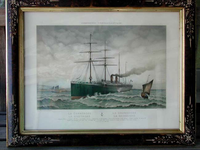 A Hand colored Lithograph of the French Liner "La Champagne" in a beautiful "Eastlake" style frame