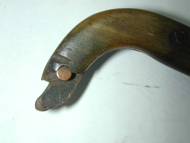 A Revolutionary War period Knife with 7" curved blade marked 'P' and 'C' and a horn mounted grip with dog's head pommel circa 1760. — image 5