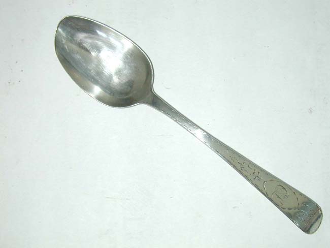 An historic Irish Silver Tablespoon dating to 1770 belonging to Capt. Colin Lindsay of the 55th Regiment of Foot that served in America during the Revolutionary War.