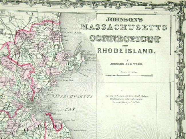 Johnson's Map of Massachusetts, Connecticut and Rhode Island circa 1855-1860