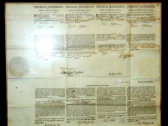 A Fine Four Language ship's Passport Signed by President THOMAS JEFFERSON and Secy of State JAMES MADISON and dated Oct. 14, 1805.