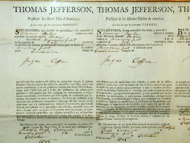 A Fine Four Language ship's Passport Signed by President THOMAS JEFFERSON and Secy of State JAMES MADISON and dated Oct. 14, 1805. — image 6