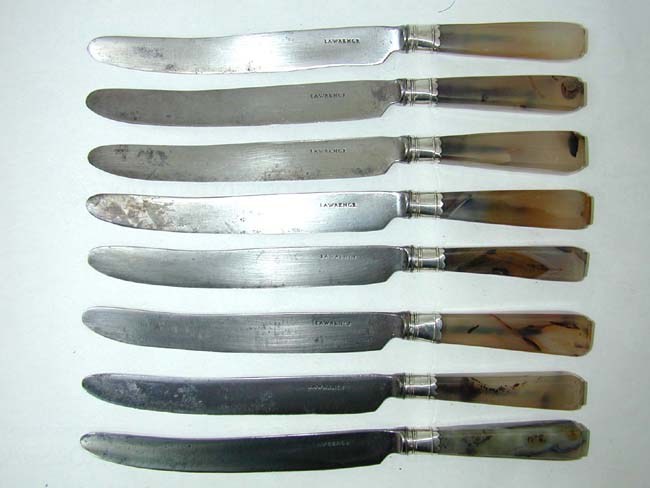 A fine Set of 8 Silver Mounted Two Prong Forks and 8 Matching Knives All with Agate Handles circa 1750. — image 2