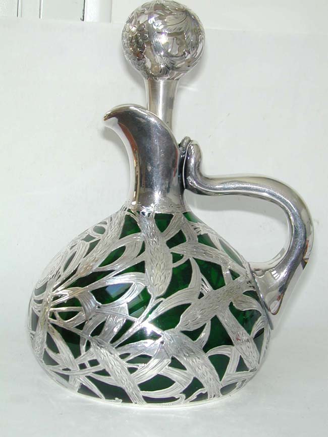 An Outstanding Sterling Silver Overlay Freeblown Green Glass Decanter by Alvin Silversmiths circa 1895