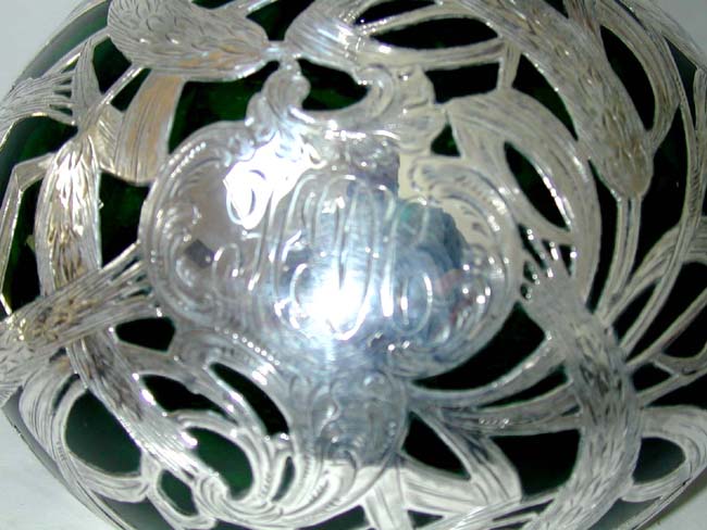 An Outstanding Sterling Silver Overlay Freeblown Green Glass Decanter by Alvin Silversmiths circa 1895 — image 2