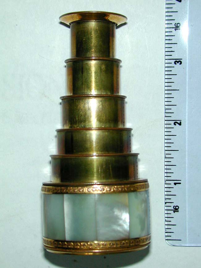 A Wonderful Antique Miniature 5 Draw Gilt Brass Telescope with Mother-of-Pearl Wrapped Barrel circa 1830