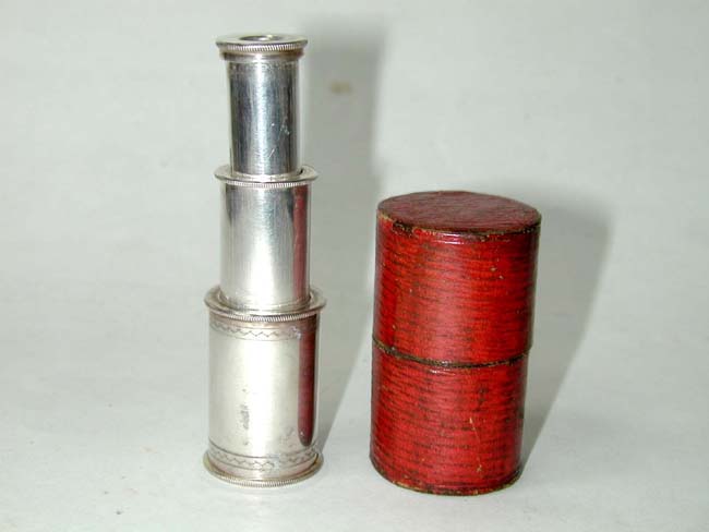 A Fine Antique Miniature Silver Two-draw Pocket Telescope with Original Red-Leather Carrying Case circa 1820