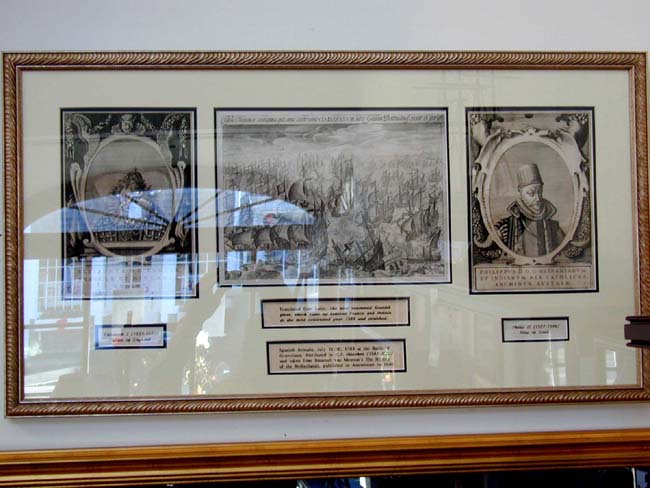 A Framed Group of Engravings of Queen Elizabeth I, the Armada and Philip II of Spain published in Amsterdam in 1640 by Van Meteran.