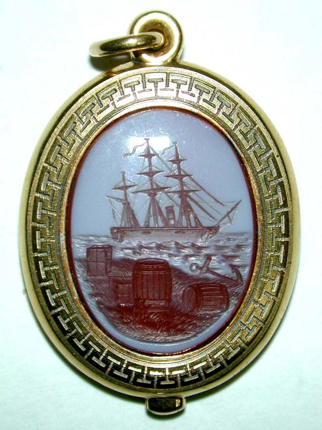 A Fine 19th century English Gold Locket with Beautiful Carved Intaglio of a Ship circa 1870